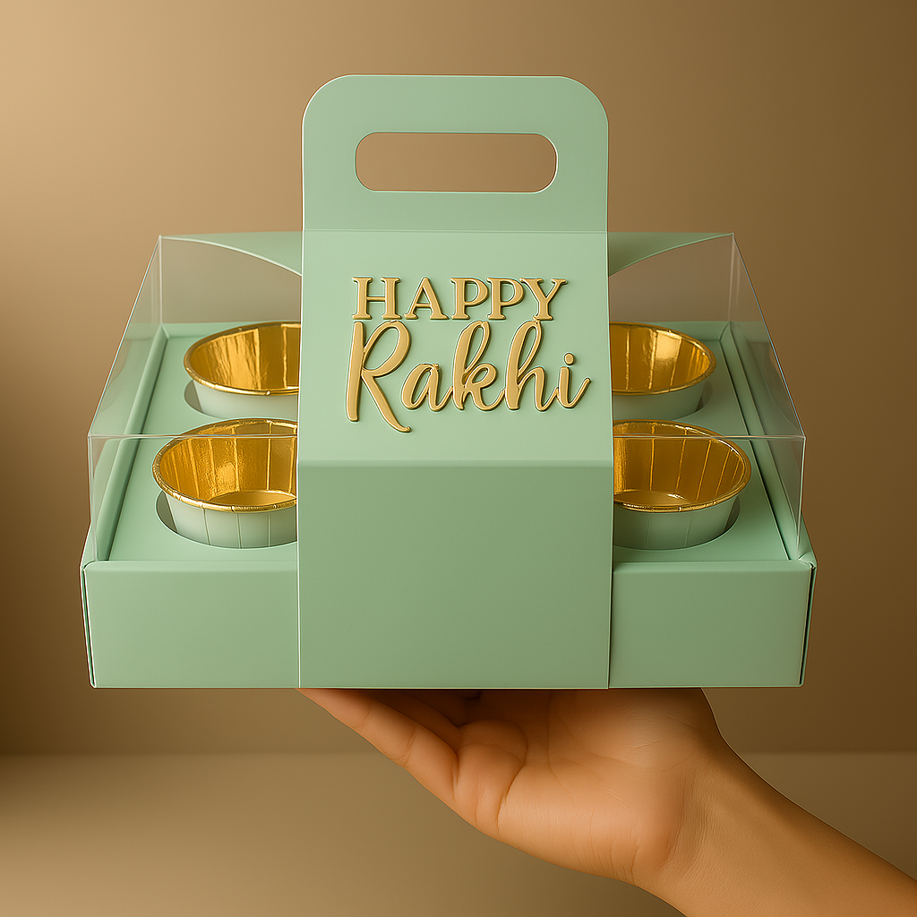 Rakhi Gift Box – Empty 6-Cavity Cupcake/Candle Hamper Box with Handle & Clear Lid