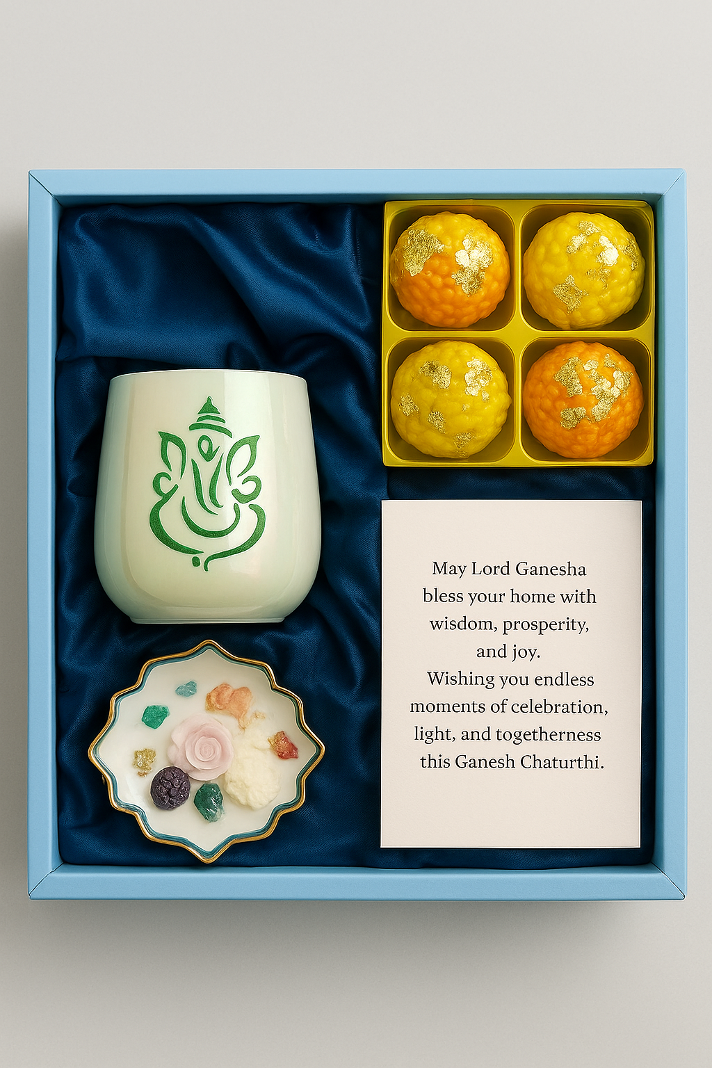 Festive Ganesh Chaturthi Gift Hamper – Luxe Candle & Ladoo Set (Random Color as Per availability)