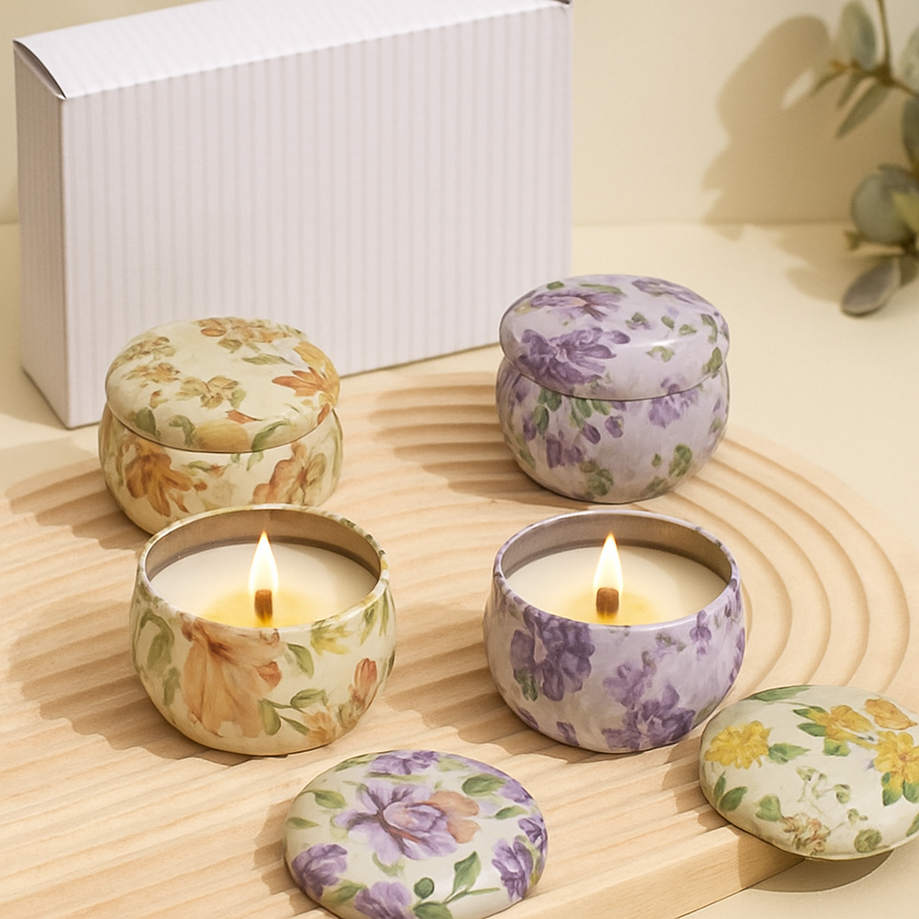 Floral Tin Candle Gift Set – Tuberose, Chamomile, Jasmine & Camellia