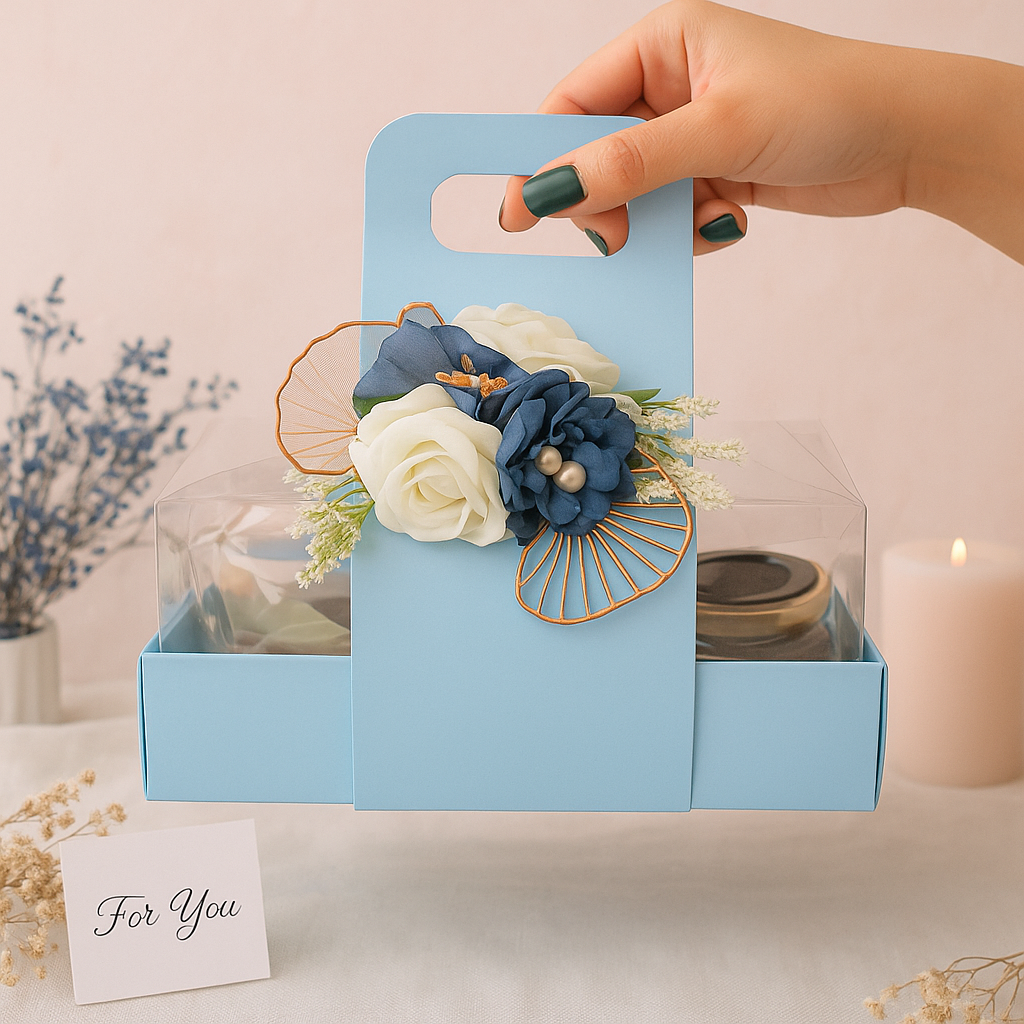 Elegant Blue Handle Gift Hamper – Premium Chocolate & Candle Set