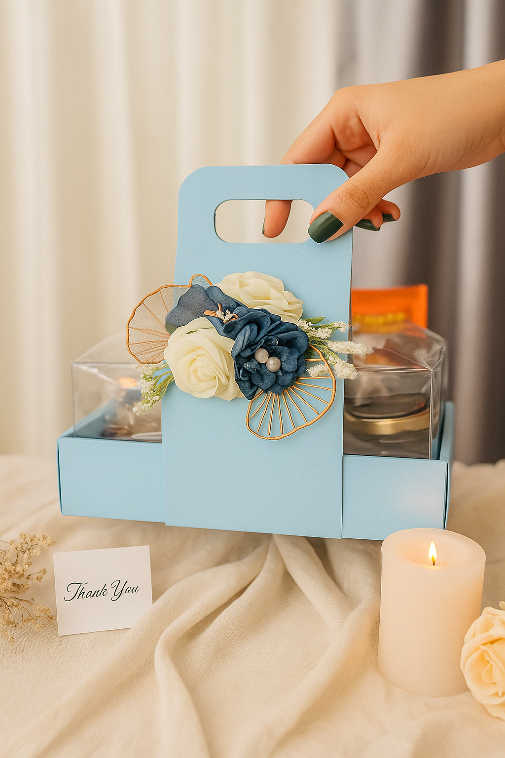Elegant Blue Handle Gift Hamper – Premium Chocolate & Candle Set