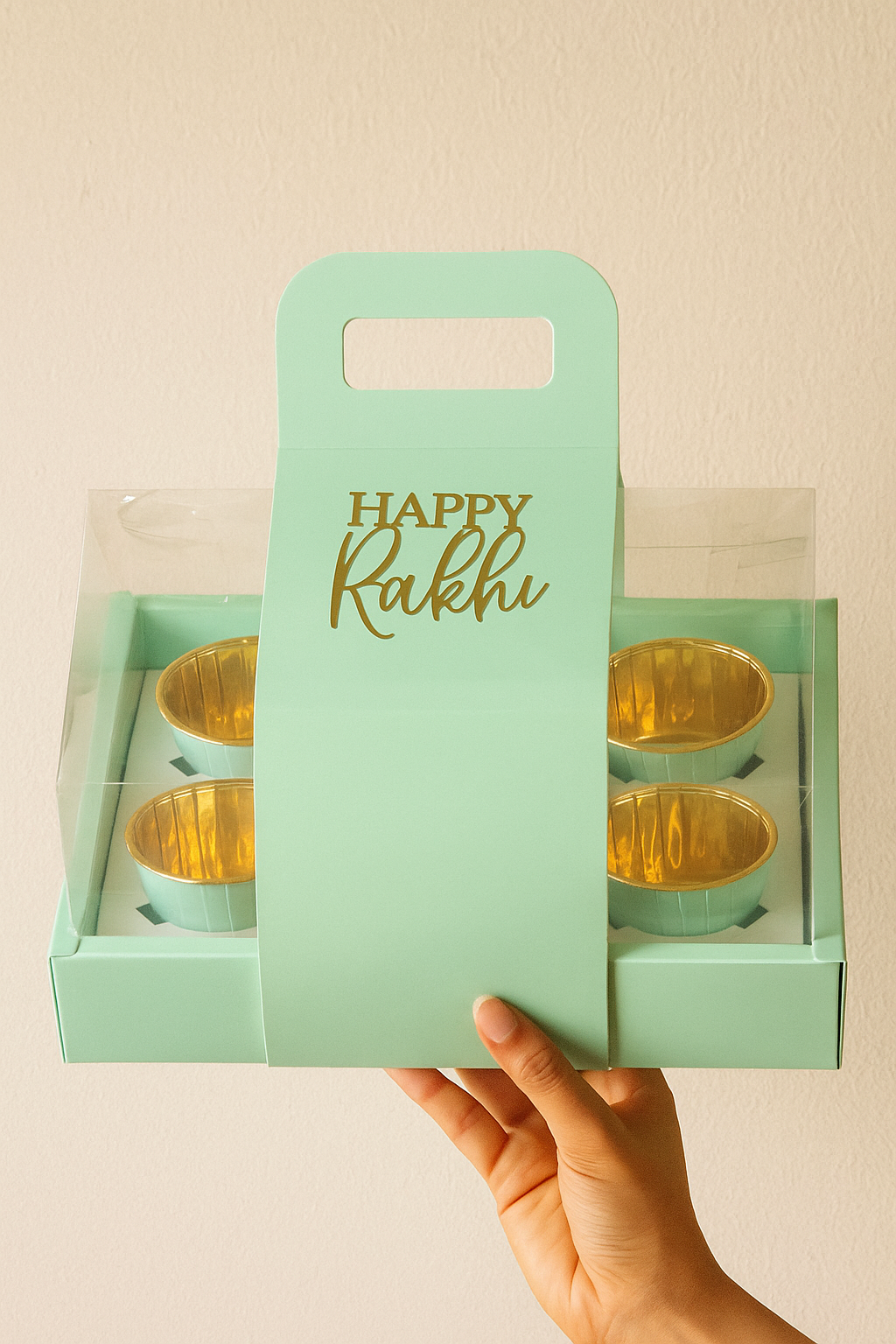 Rakhi Gift Box – Empty 6-Cavity Cupcake/Candle Hamper Box with Handle & Clear Lid