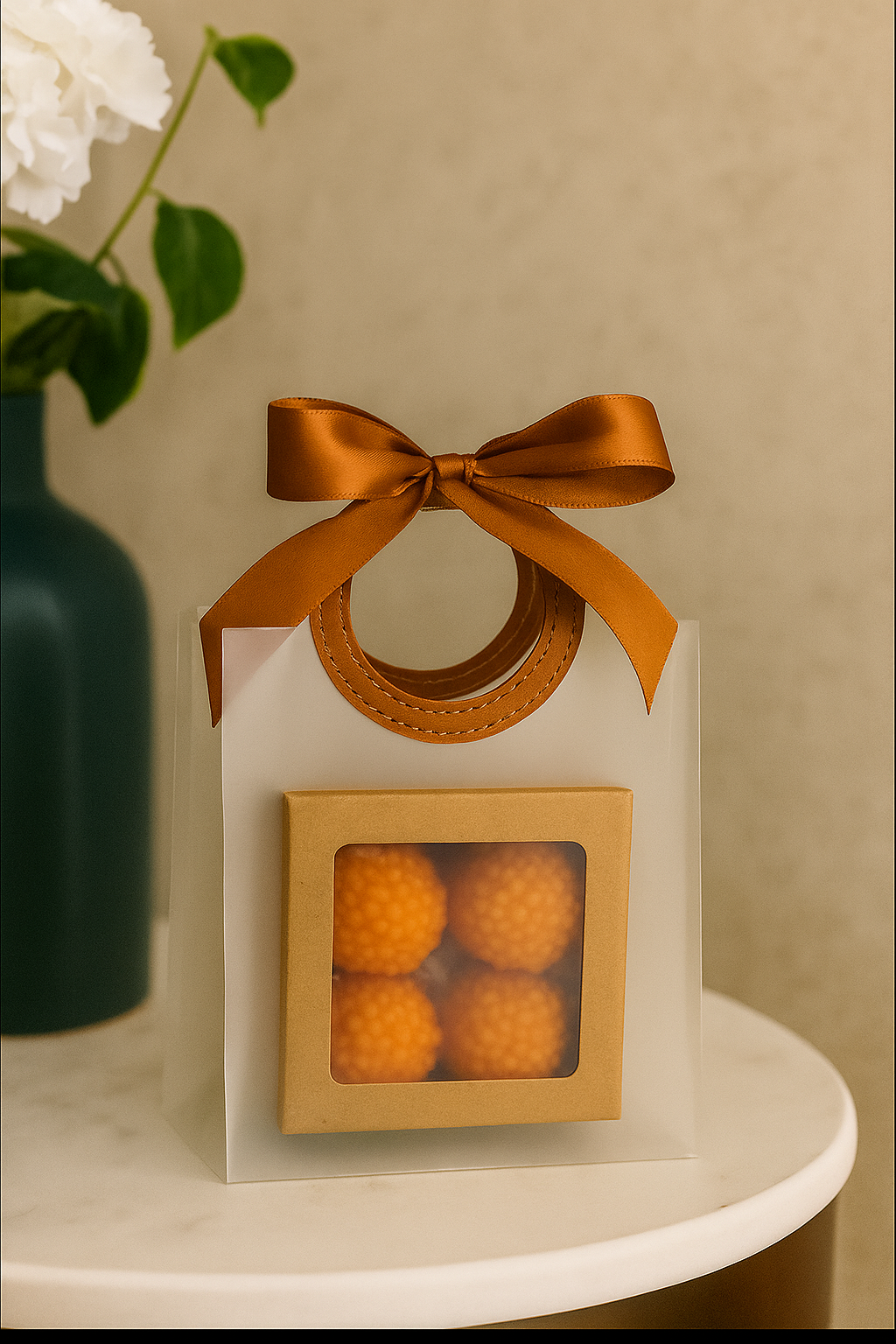 Ladoo Candle Favors – Pack of 4 with Leather Handle Bag| Return Gifts for Puja & Auspicious Occasions