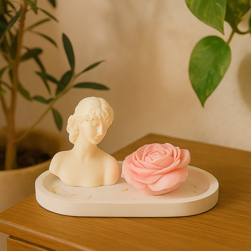 Elegant Artisan Gift Set – Tray, Rose Candle & Sculpture Candle