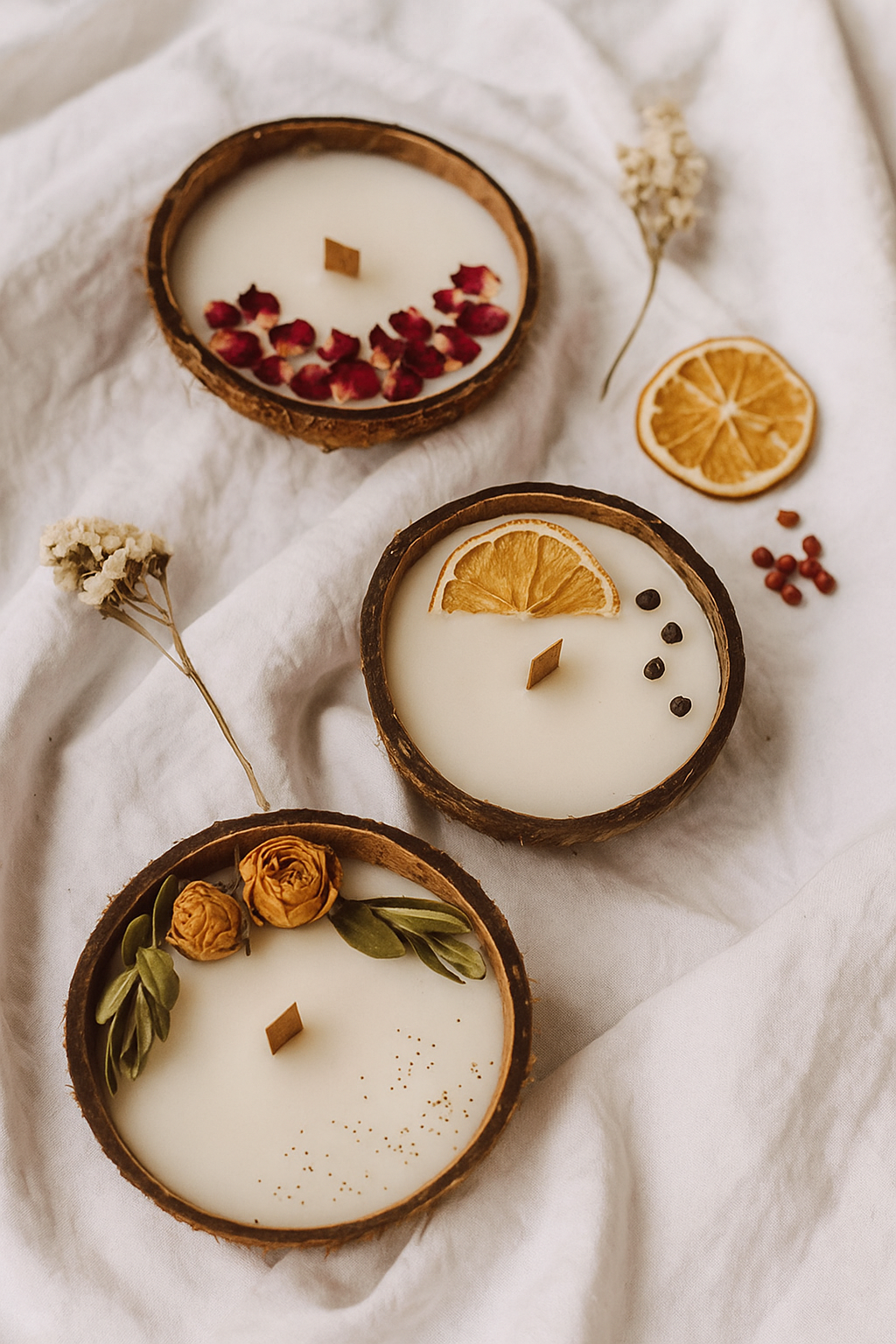 Handcrafted Coconut Shell Candles – Set of 3