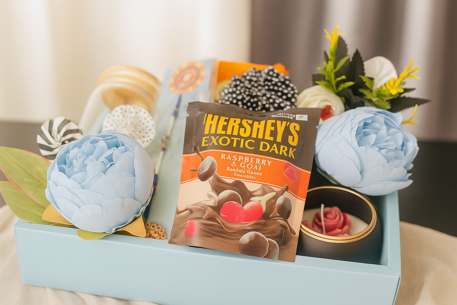 Elegant Blue Handle Gift Hamper – Premium Chocolate & Candle Set