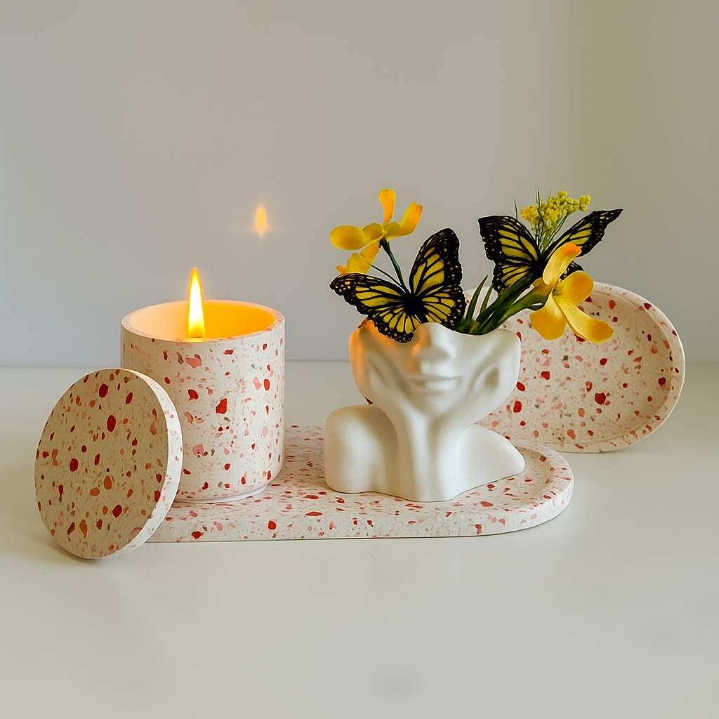 Bloom Harmony Decor Set — Scented Candle + Art Vase on Floral Tray