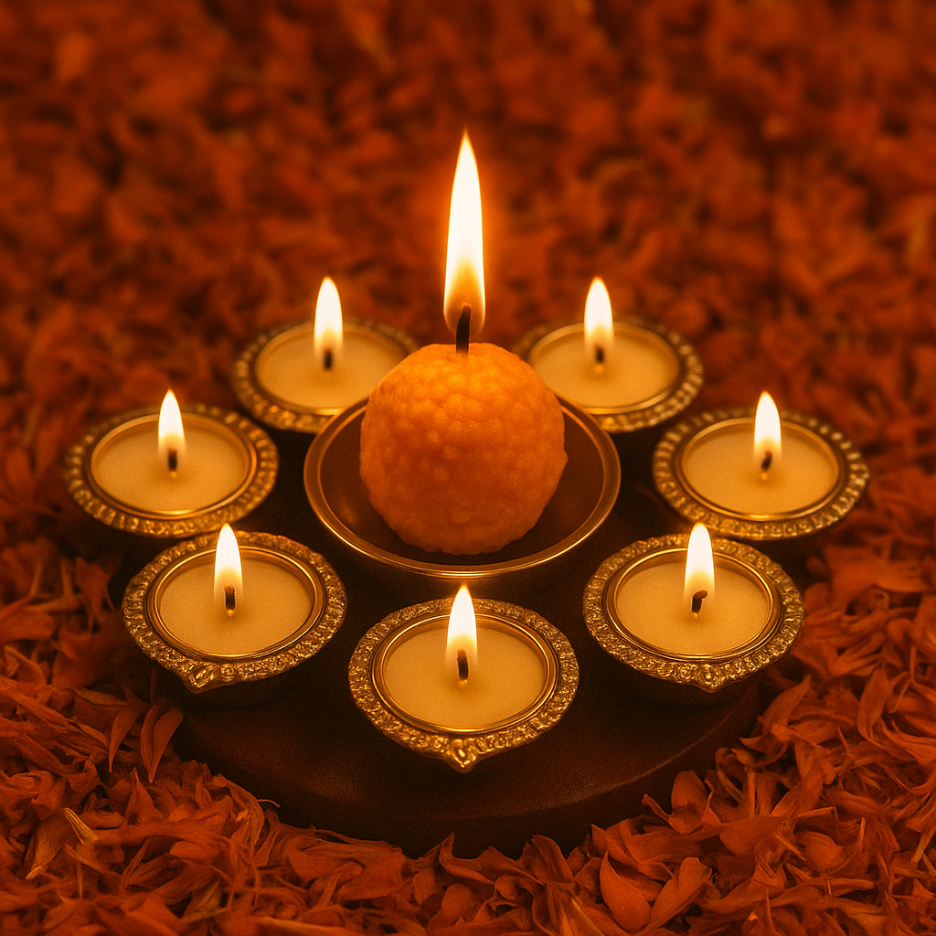 Golden Lotus Rangoli Candle Set – 6 Diyas with Center Laddu Candle
