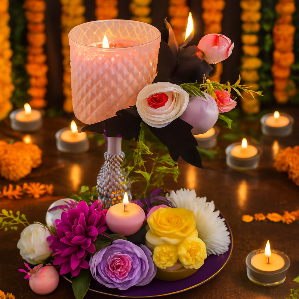 Elegant Rose Candle with Floral Arrangement