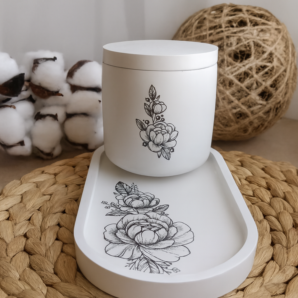 Floral Art Candle Jar with Tray – Minimalist Home Décor Set
