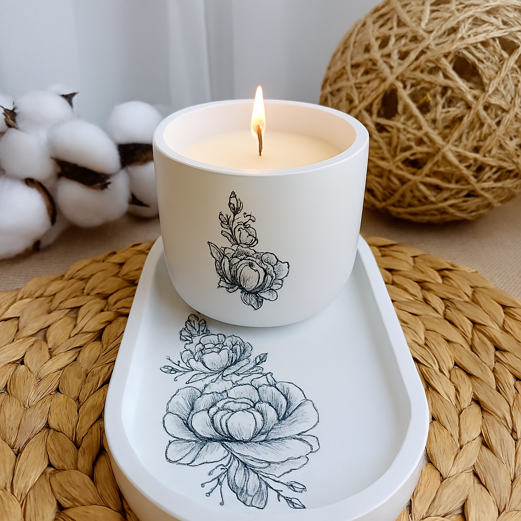 Floral Art Candle Jar with Tray – Minimalist Home Décor Set