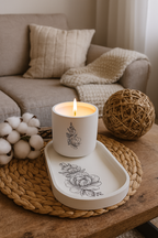 Floral Art Candle Jar with Tray – Minimalist Home Décor Set