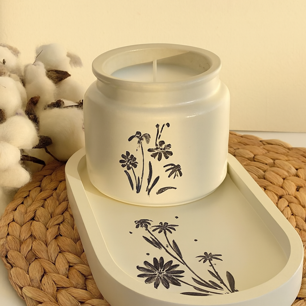Floral Art Candle Jar with Tray – Minimalist Home Décor Set