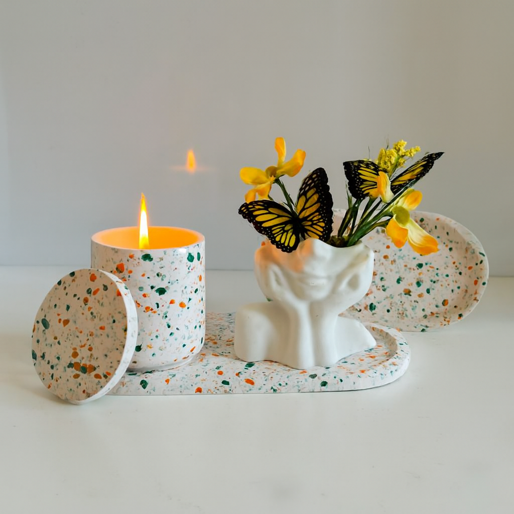Bloom Harmony Decor Set — Scented Candle + Art Vase on Floral Tray
