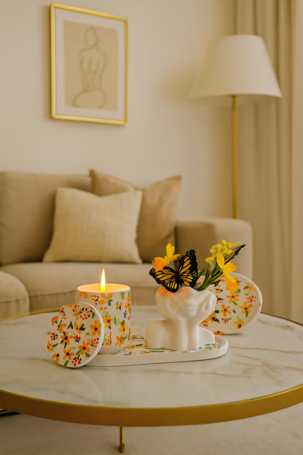Bloom Harmony Decor Set — Scented Candle + Art Vase on Floral Tray