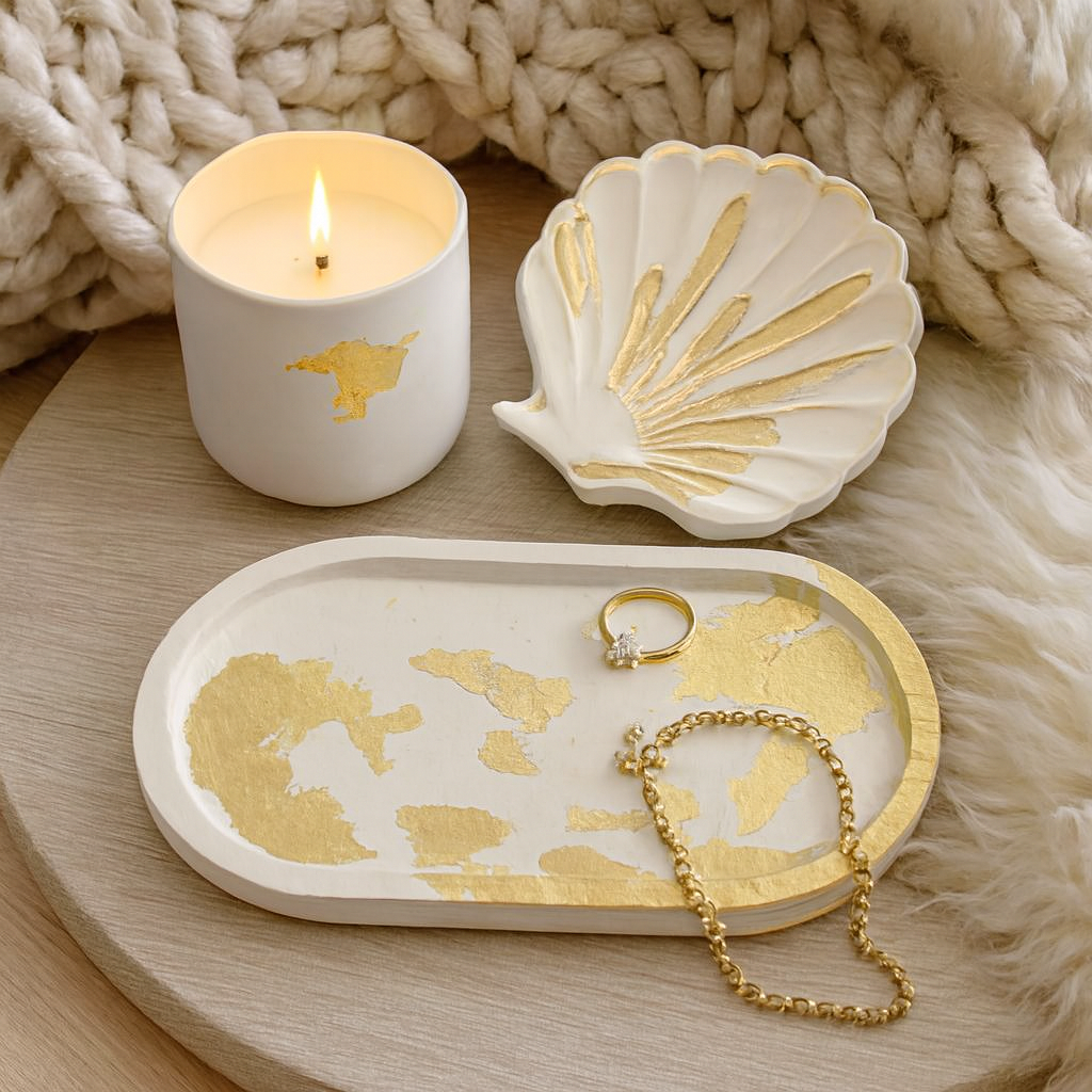 Luxury Gold Leaf Candle Gift Set — Jar Candle + Shell Trinket Dish + Tray