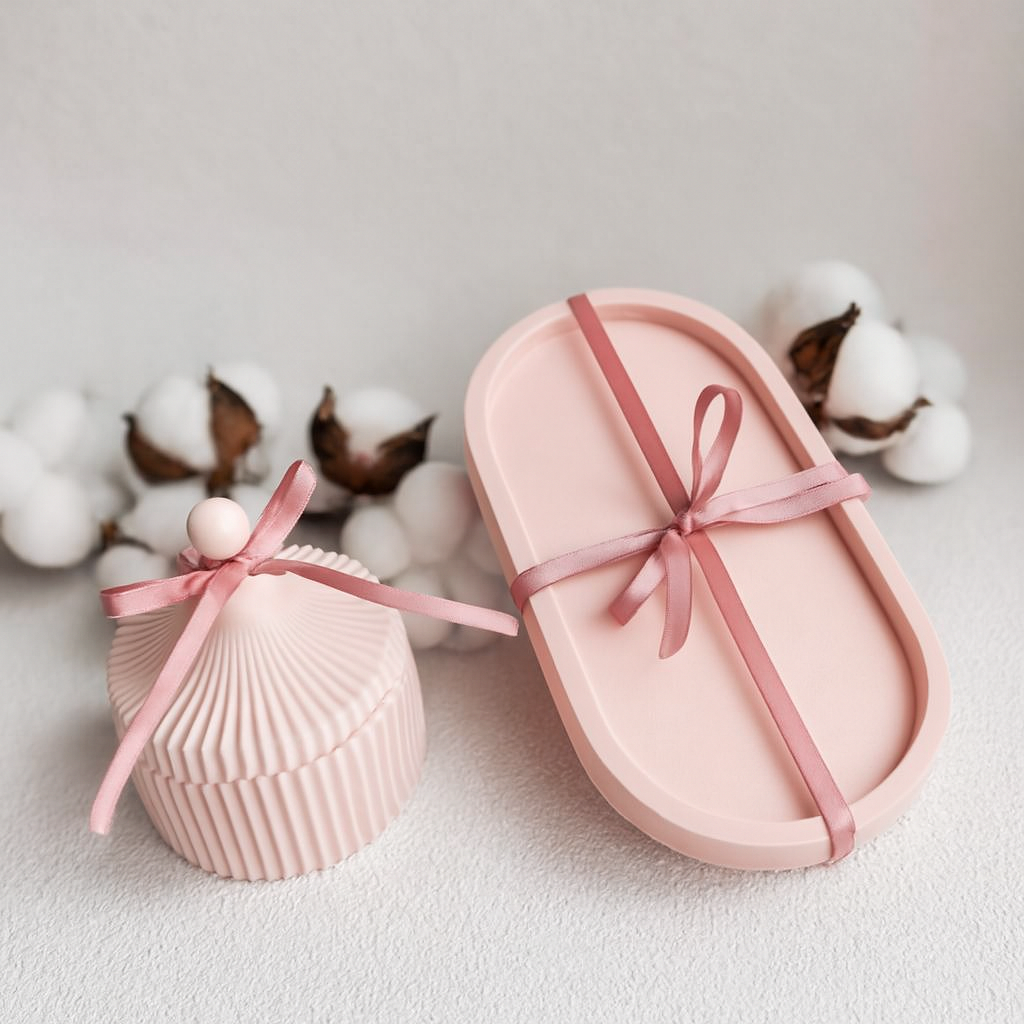 Elegant Pink Ceramic Gift Box Set – Luxury Decorative Storage & Tray with Satin Ribbon