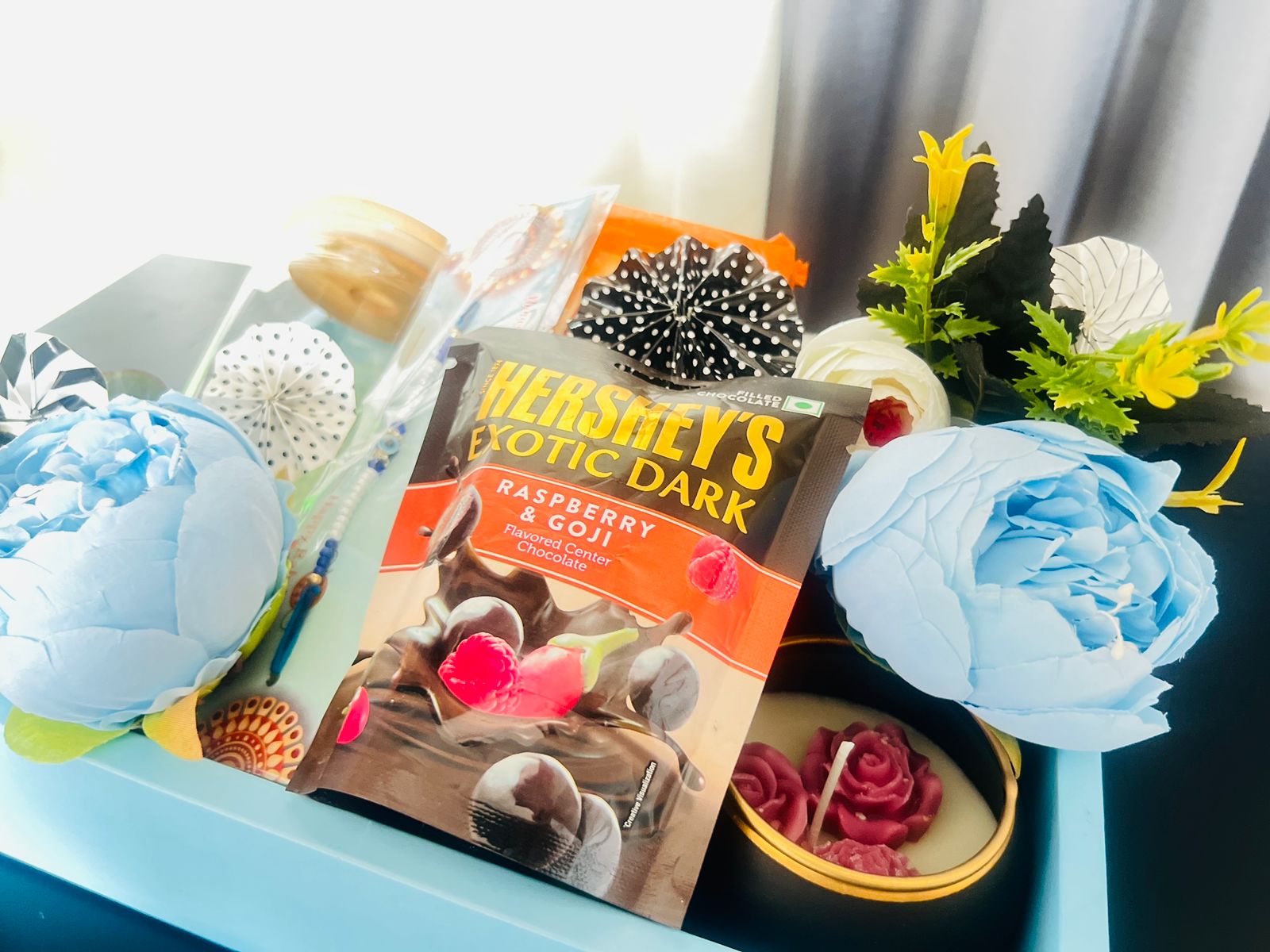 Elegant Blue Handle Gift Hamper – Premium Chocolate & Candle Set