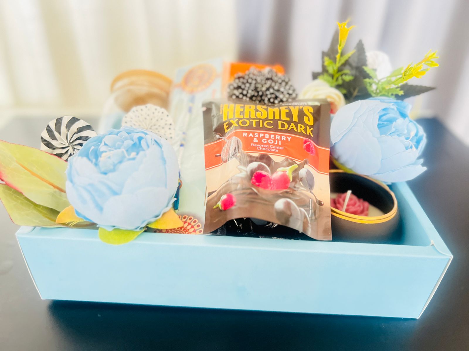 Elegant Blue Handle Gift Hamper – Premium Chocolate & Candle Set