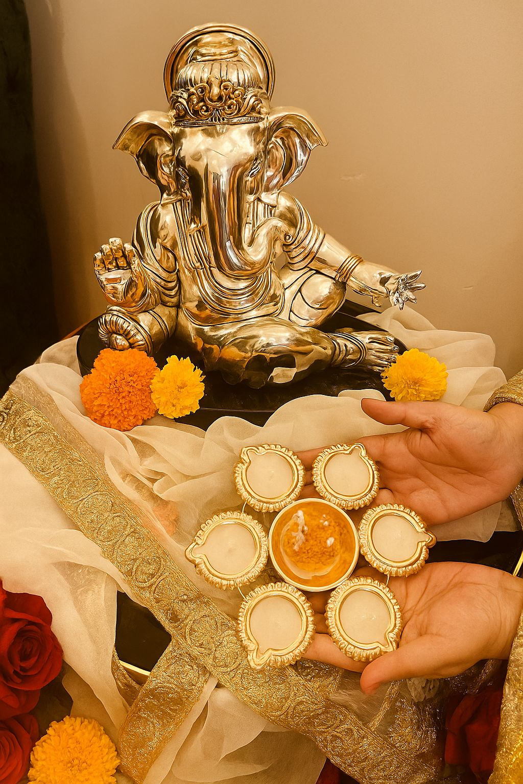 Golden Lotus Rangoli Candle Set – 6 Diyas with Center Laddu Candle