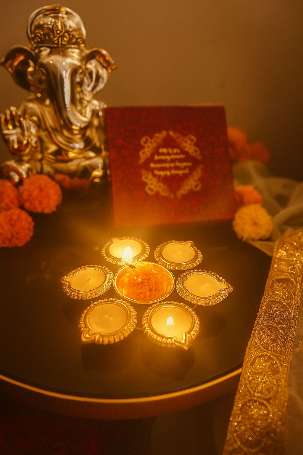 Golden Lotus Rangoli Candle Set – 6 Diyas with Center Laddu Candle