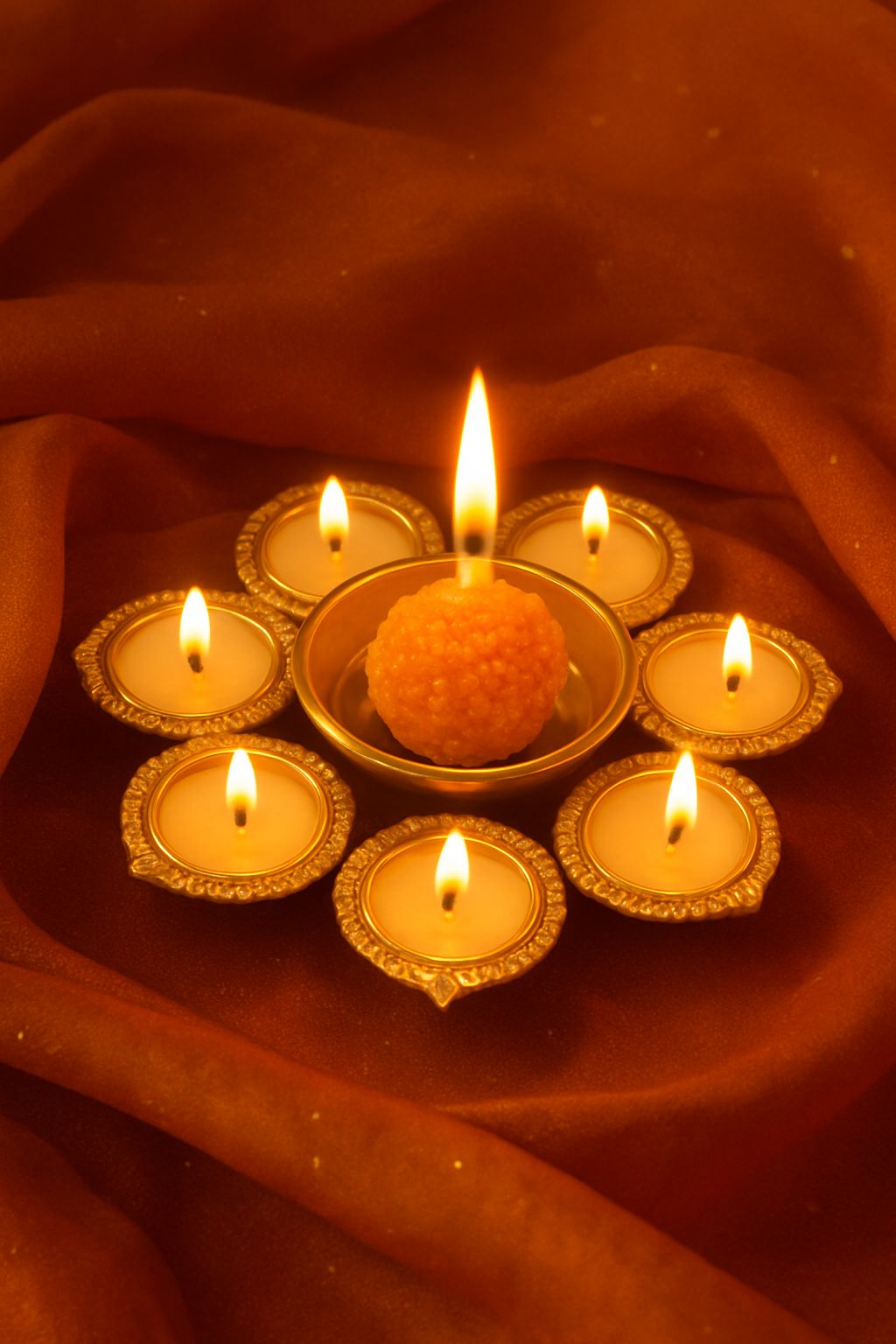 Golden Lotus Rangoli Candle Set – 6 Diyas with Center Laddu Candle