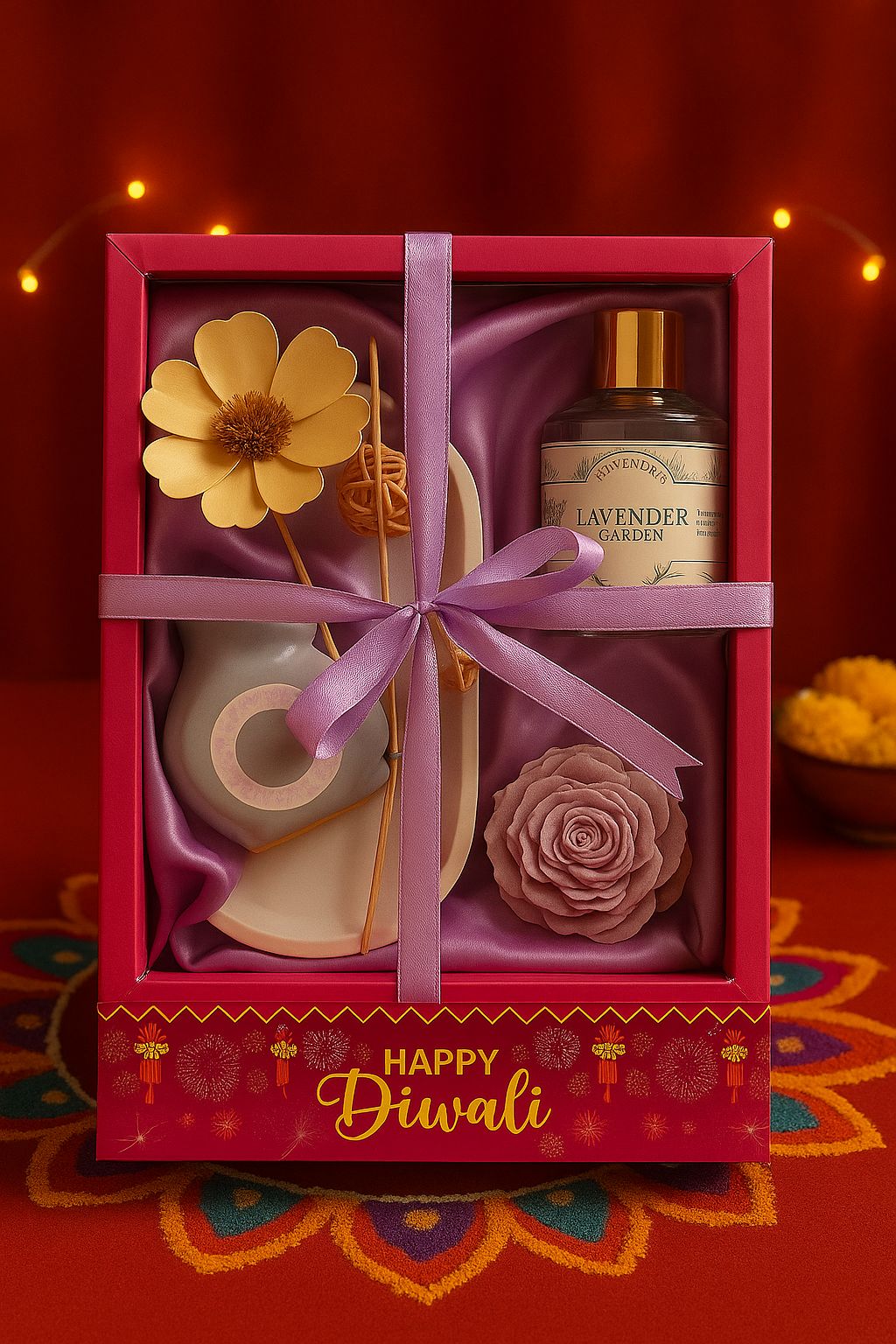 Lavender Home Décor Gift Set – Peony Candle, Reed Diffuser & Resin Tray