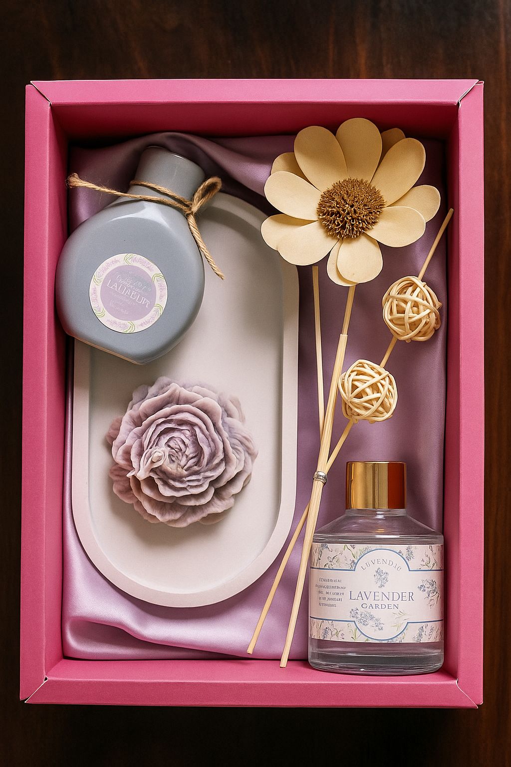 Lavender Home Décor Gift Set – Peony Candle, Reed Diffuser & Resin Tray