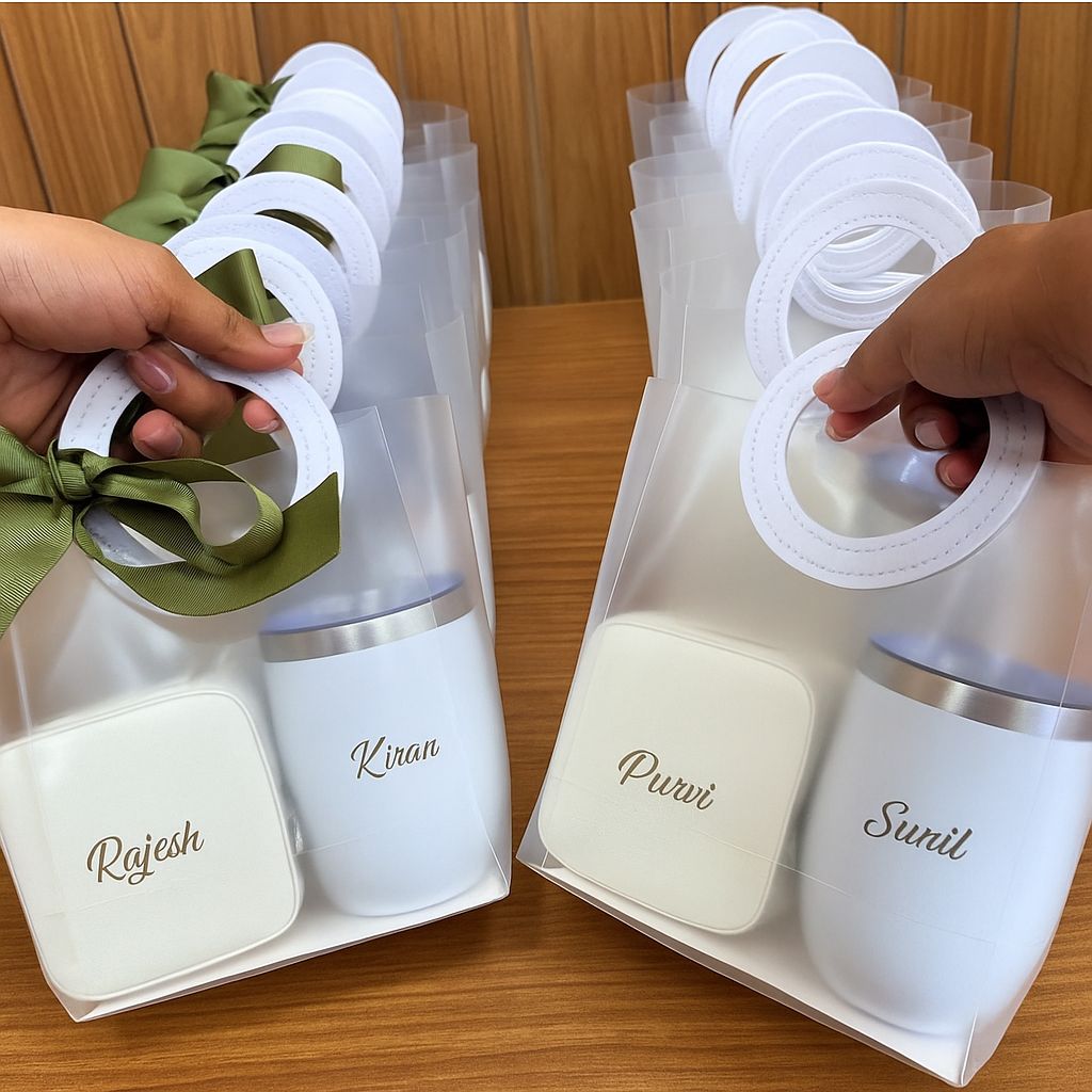 Personalized Gift Set – Leather Handle Carry Bag + Custom Name Jewellery Organiser & Tumbler (MOQ 25)