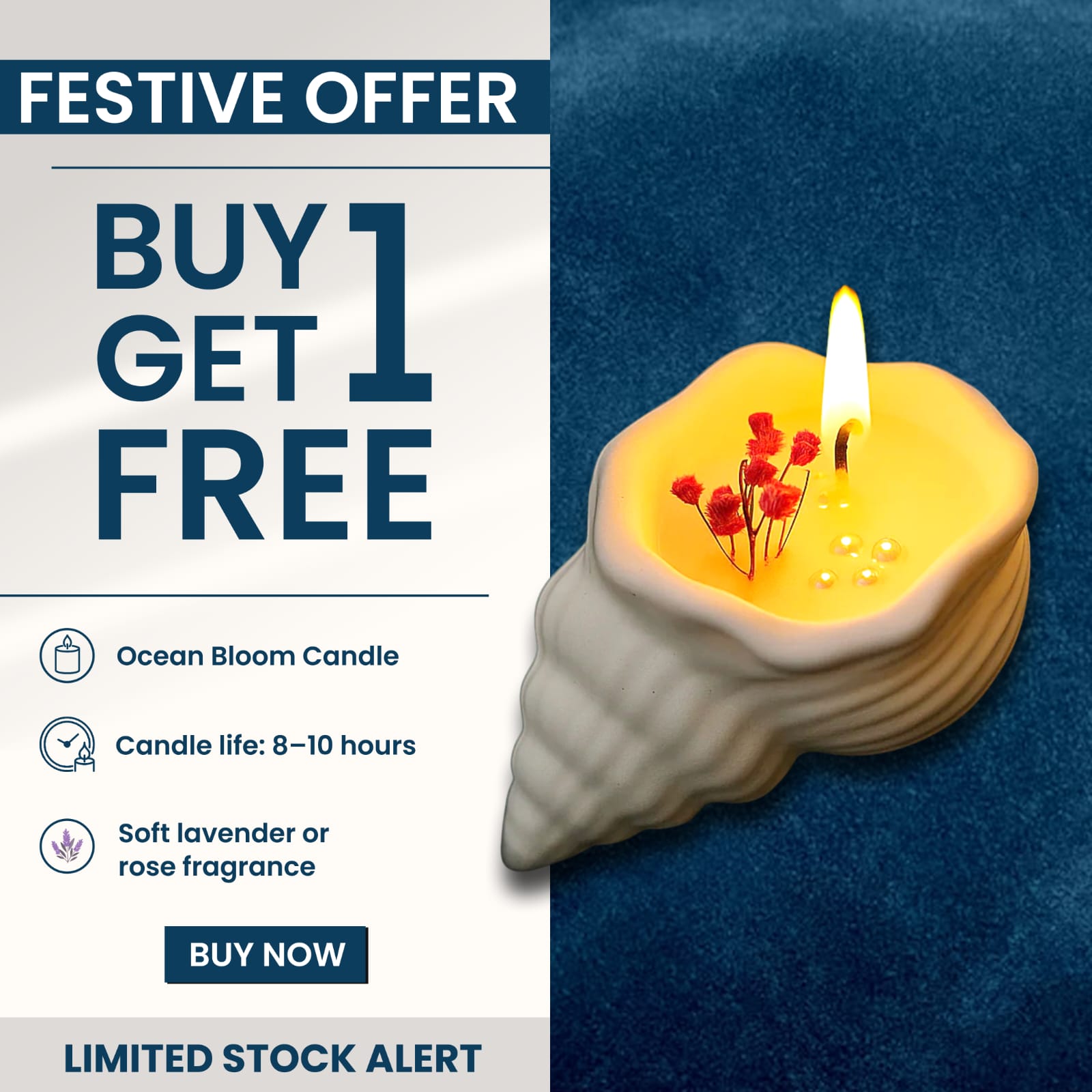 Ocean Bloom – Shell Candle with Rose Accent (Buy 1 Get 1 Free)