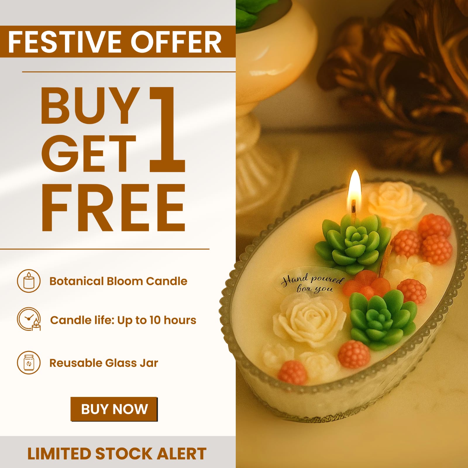 Botanical Bloom Candle – Hand-Poured Elegance in a Reusable Glass Jar (Buy 1 Get 1 Free)